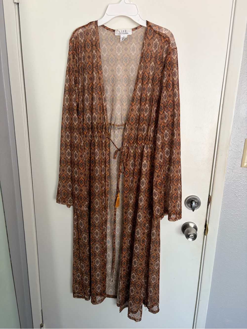 Brown Patterned Sheer Duster with Tie Waist